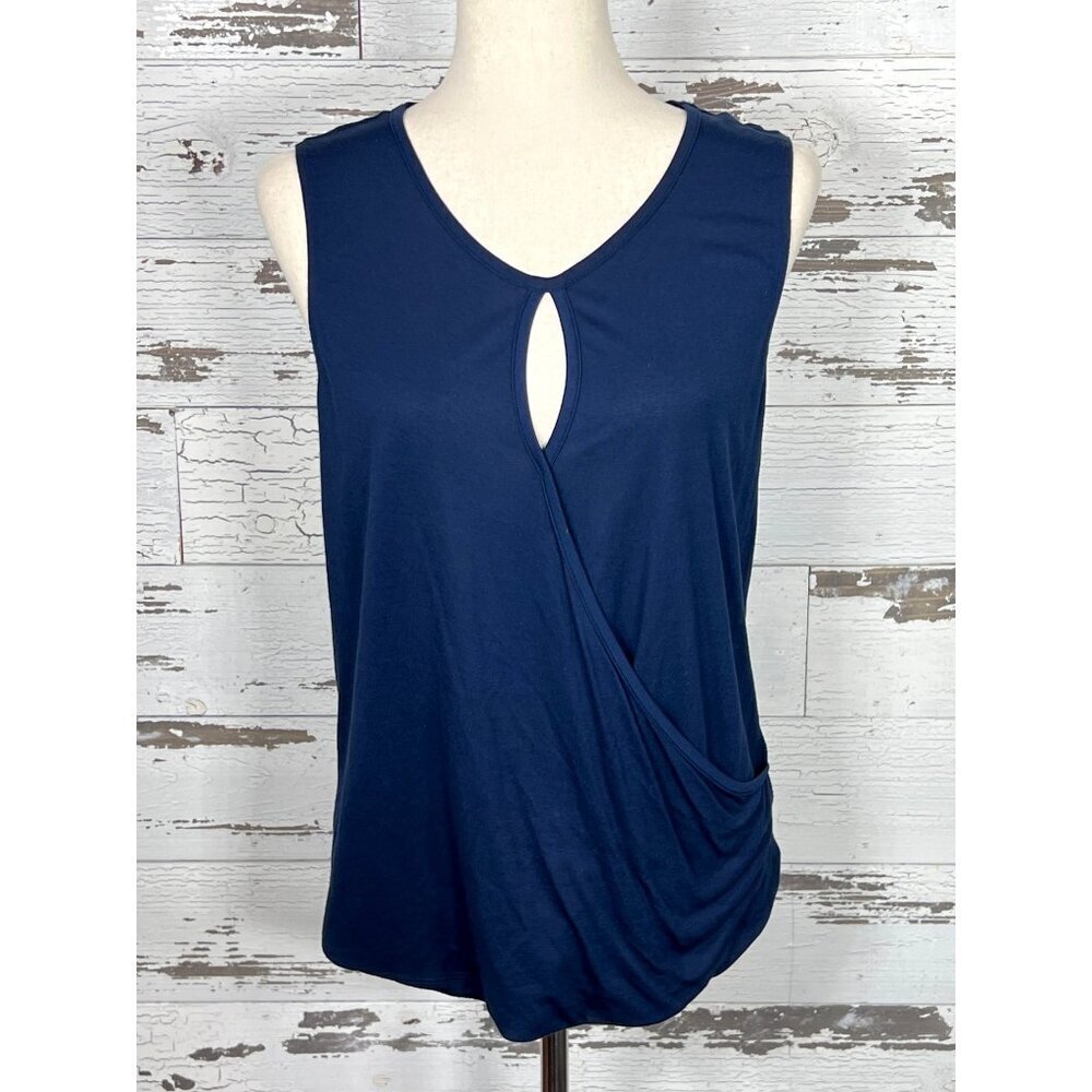 CABI Faux Wrap Blouse Keyhole Neck Sleeveless Navy Sz S #300 NWOT